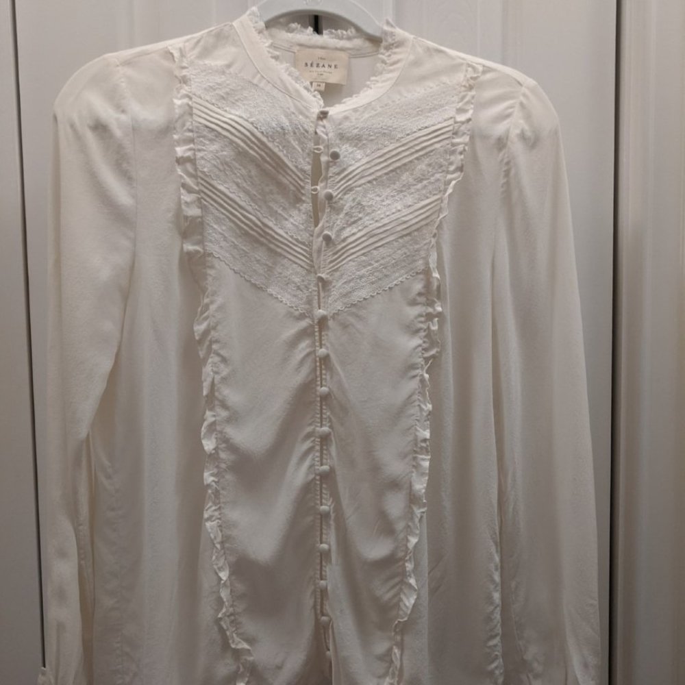 Sezane silk ruffle button-down blouse